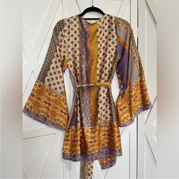 12th Tribe Multi-Color Paisley Mini Dress - Beige, Orange, Purple - Picture 6 of 13